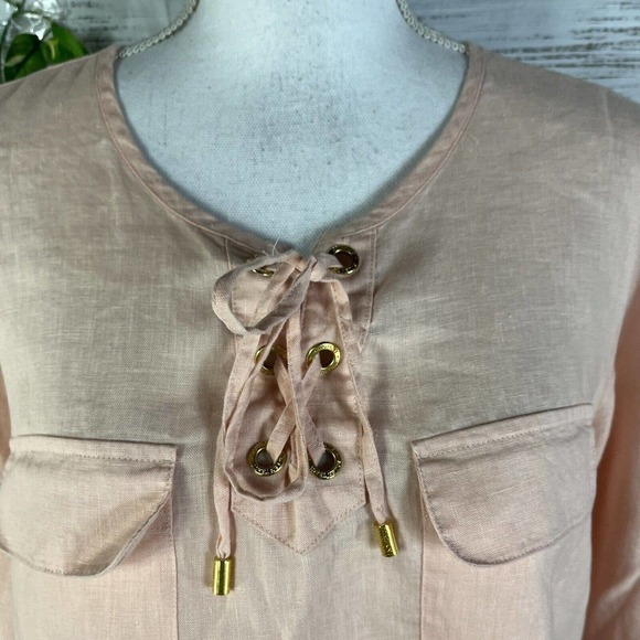 Ellen Tracy Company Tunic Blouse Large Peach Linen Sailor Beach Modest Church - Picture 6 of 13